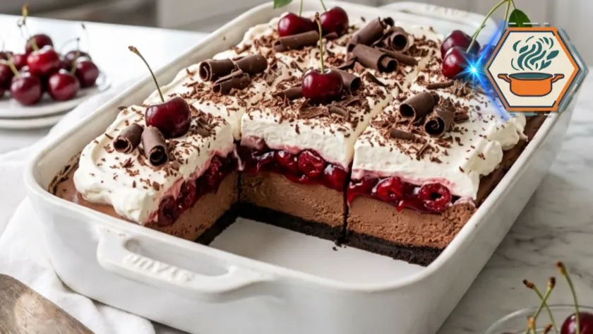 Chocolate Cherry Bliss Dessert with chocolate cheesecake, cherry filling and whipped cream
