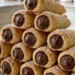 Chocolate Cream Horn Cookie Sticks on a white plate dusted with powdered sugar