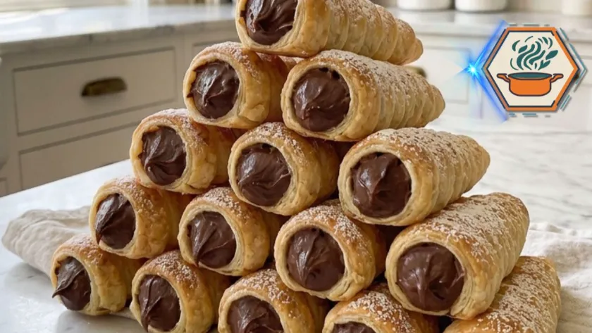 Chocolate Cream Horn Cookie Sticks on a white plate dusted with powdered sugar