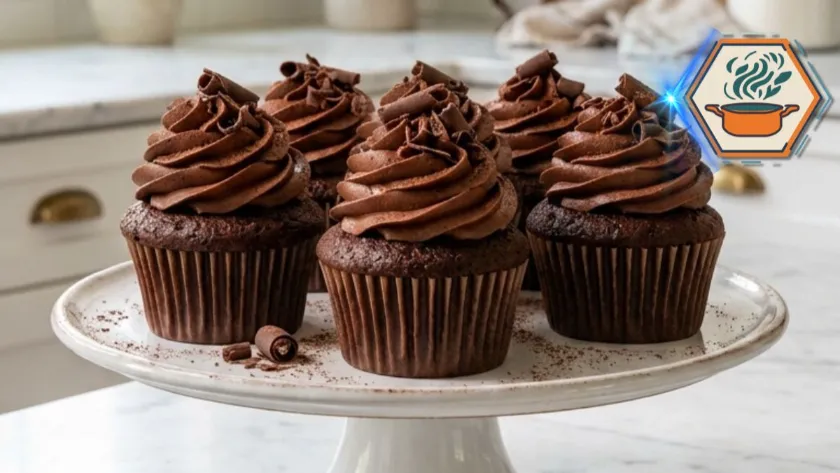 Moist homemade chocolate cupcakes with chocolate buttercream frosting on a white marble countertop.