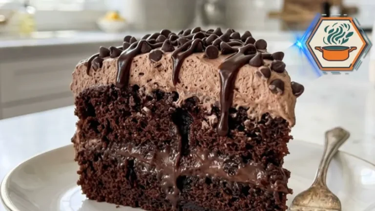 Slice of Ultimate Chocolate Poke Cake with chocolate filling