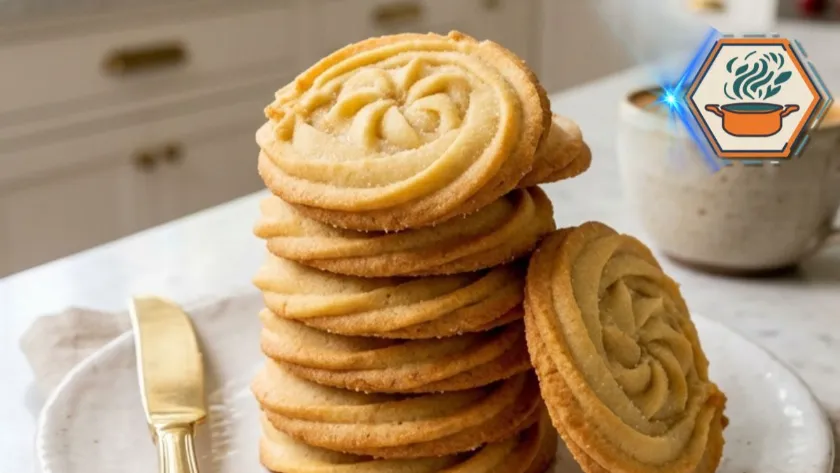 Classic Butter Swirl Cookies stacked on a white plate in a bright American kitchen.