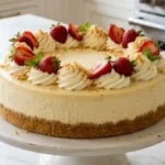 Classic New York Cheesecake with strawberries on a white marble countertop