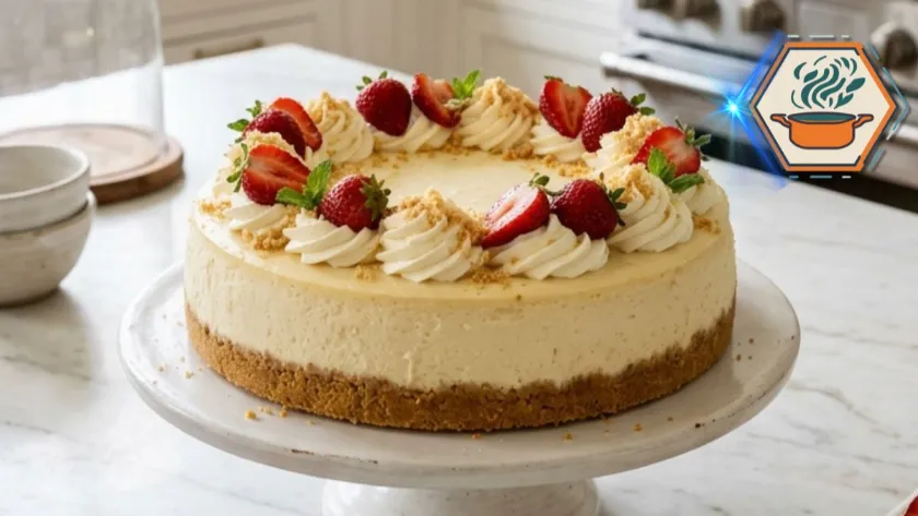 Classic New York Cheesecake with strawberries on a white marble countertop