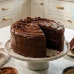 Creamy Chocolate Cake with rich chocolate frosting on a marble countertop