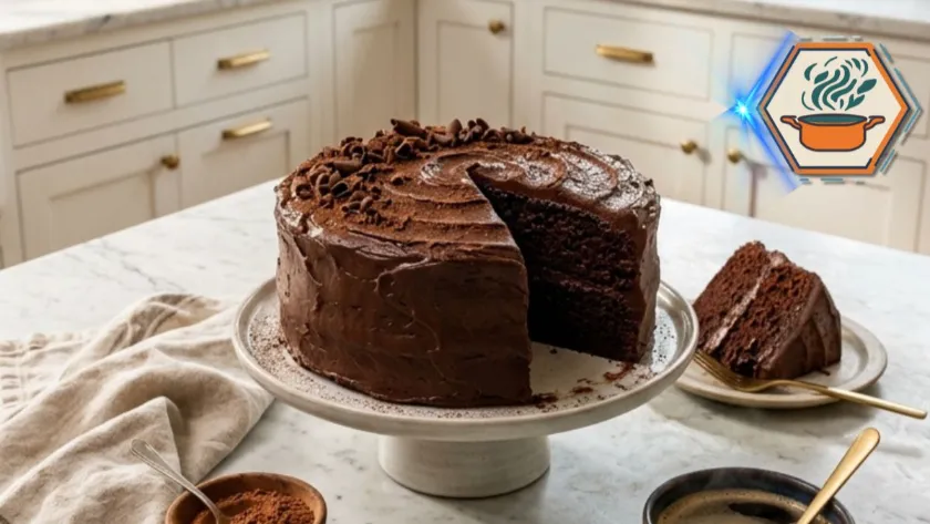 Creamy Chocolate Cake with rich chocolate frosting on a marble countertop