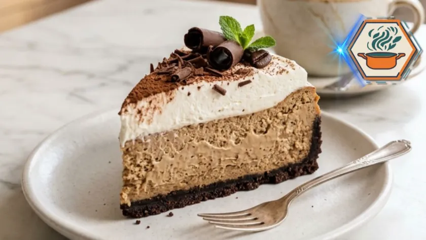Creamy Coffee Cheesecake with espresso filling, chocolate cookie crust and whipped cream.