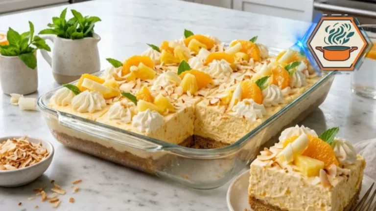 Close-up of Orange Pineapple Cream Dream served on a white dessert plate.
