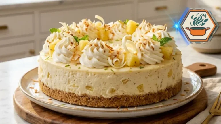 Sugar-Free Creamy Pineapple Cheesecake Recipe 3 Slice of Sugar-Free Creamy Pineapple Cheesecake on a white dessert plate.