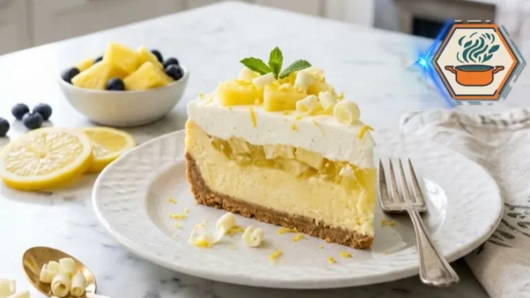 Slice of Pineapple Lemon Sunshine Lush on a white dessert plate