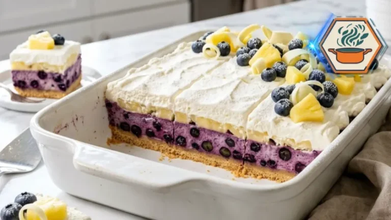 Pineapple Blueberry Cream Dream Recipe: The Ultimate No-Bake Tropical Dessert 3 Slice of Pineapple Blueberry Cream Dream on dessert plate.