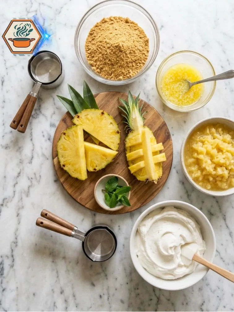 Creamy Four-Ingredient Pineapple Dessert on a white plate.
