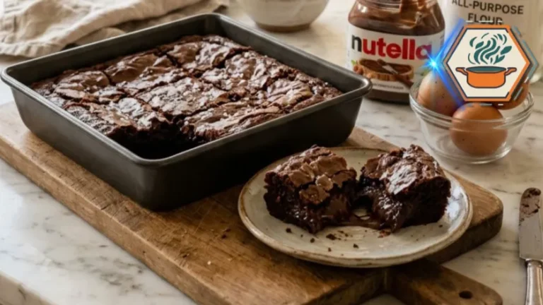 Three-Ingredient Brownies: The Easiest Fudgy Brownie You'll Ever Bake 3 Freshly baked Three-Ingredient Brownies with ingredients on white marble countertop.