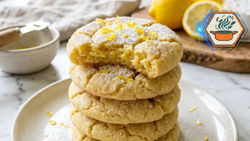 Two-Ingredient Lemon Cake Mix Cookies stacked on white plate