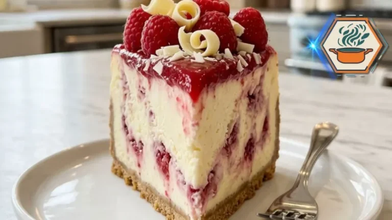 Elegant White Chocolate Raspberry Cheesecake 6 Elegant White Chocolate Raspberry Cheesecake slice with raspberry glaze and white chocolate curls