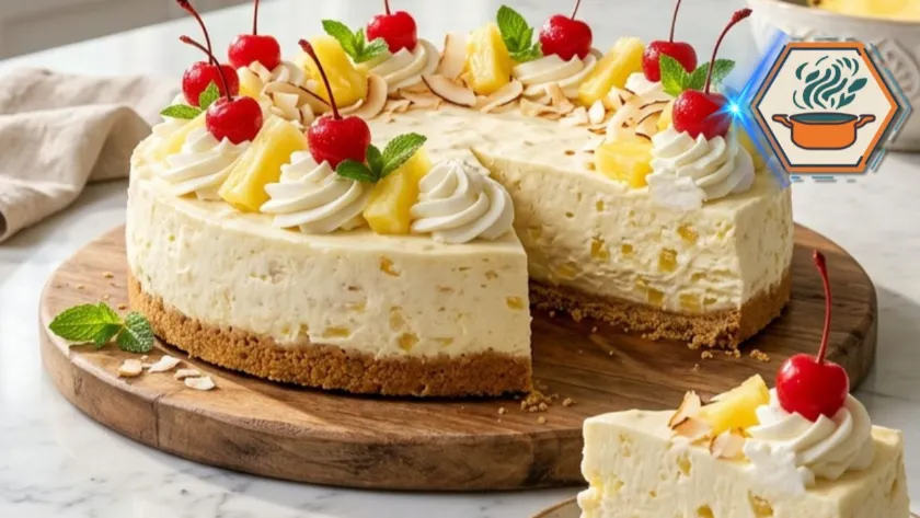 Four-Ingredient Pineapple No-Bake Cheesecake 2 Four-Ingredient Pineapple No-Bake Cheesecake topped with whipped cream, pineapple chunks and toasted coconut on a white marble countertop.