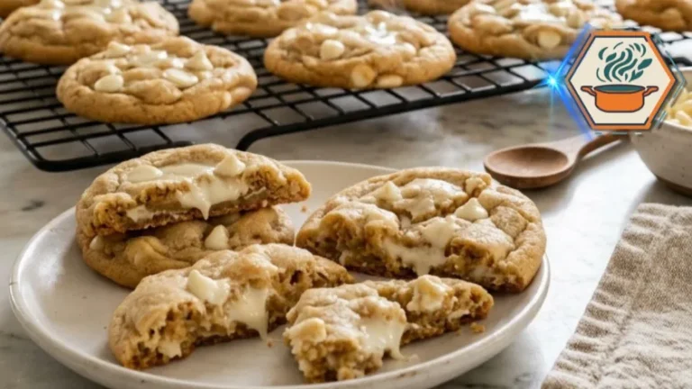 Soft White Chocolate Chip Cookies 3 Freshly baked Soft White Chocolate Chip Cookies cooling on a wire rack.