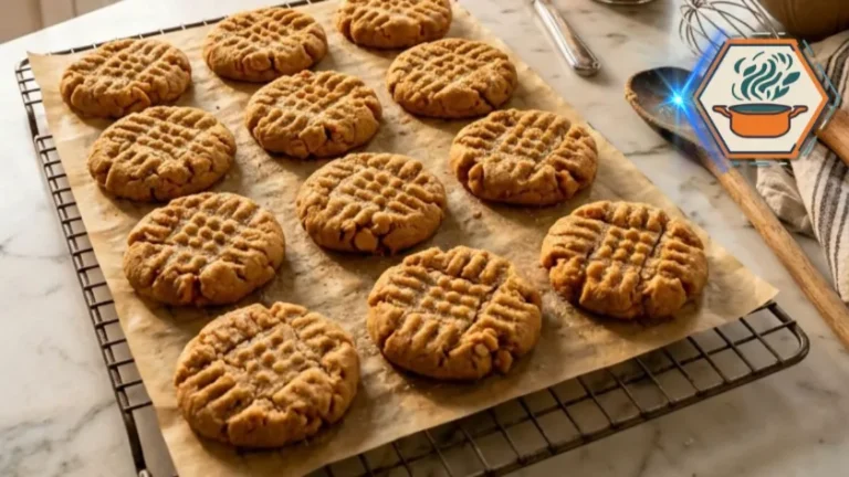 Fresh peanut butter cookies cooling on a rack