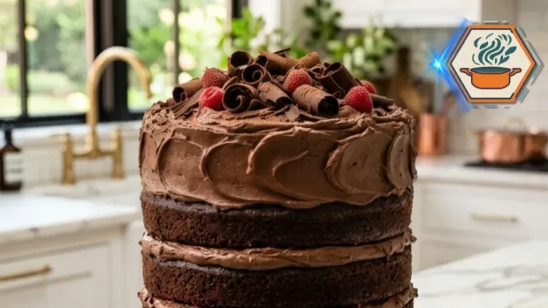 Fresh homemade Creamy Chocolate Cake in an American kitchen