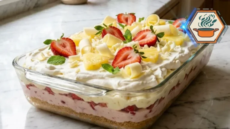 Whole pan of Pineapple Strawberry Heaven Delight ready to serve.