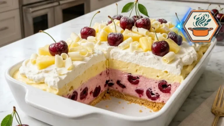 Pineapple Cherry Jubilee Delight Recipe 3 Slice of Pineapple Cherry Jubilee Delight on dessert plate