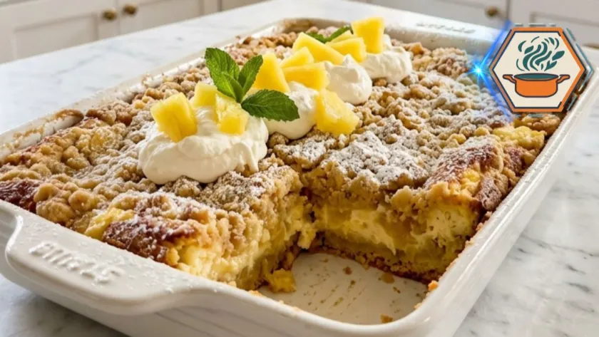 Lazy Amish Pineapple Cheesecake Dump Cake fresh from the oven with buttery crumble topping and creamy cheesecake filling
