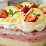Lemon Strawberry Dream Lush served in a glass baking dish with creamy lemon and strawberry layers.
