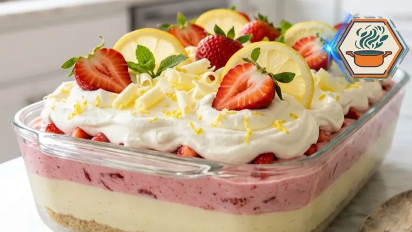 Lemon Strawberry Dream Lush 3 Lemon Strawberry Dream Lush served in a glass baking dish with creamy lemon and strawberry layers.