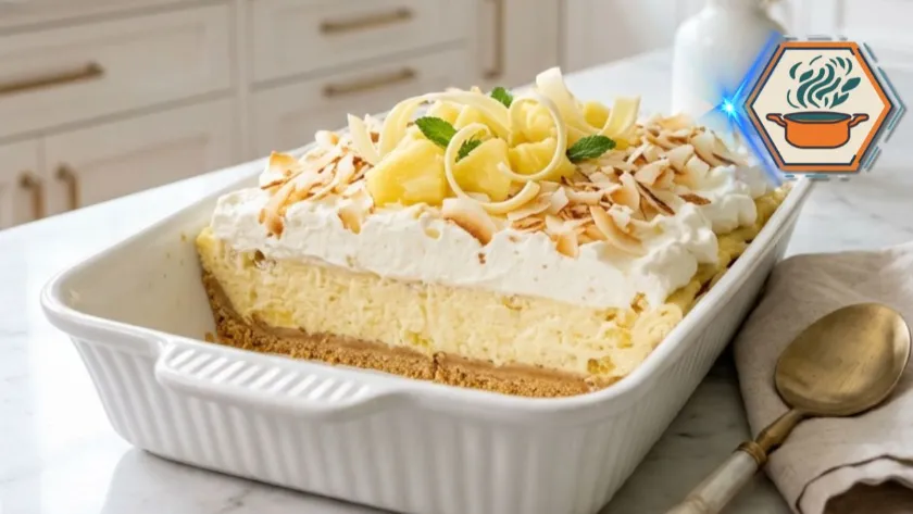 Million Dollar Pineapple Dessert served in a white baking dish with whipped cream, toasted coconut and pineapple.
