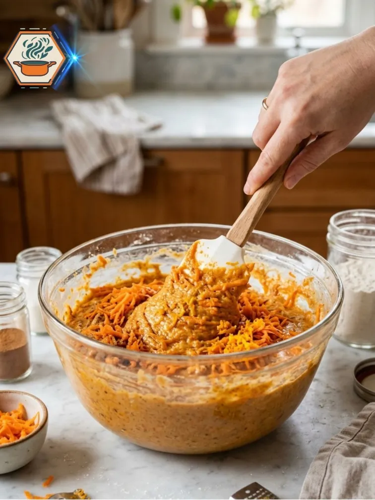 Carrot and Orange Cake 9 Carrot orange cake batter being mixed with grated carrots and orange zest.