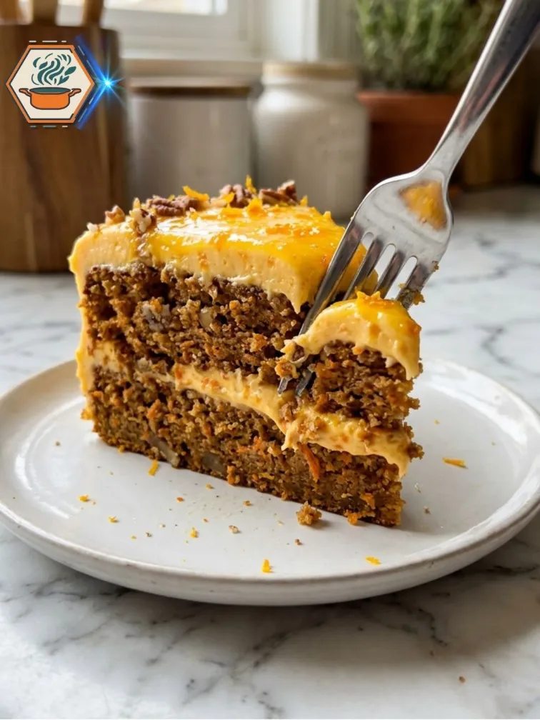 Carrot and Orange Cake 11 Fork cutting into a moist slice of Carrot and Orange Cake.