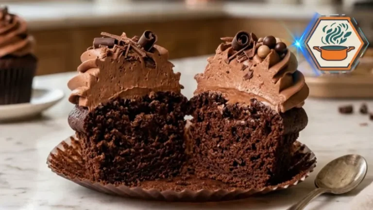 Inside of a moist chocolate cupcake showing fluffy chocolate crumb.