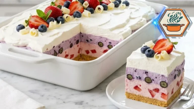 No-bake blueberry strawberry cheesecake dessert in a 9 by 13-inch dish