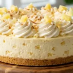 No Bake Tropical Pineapple Cheesecake on a white marble countertop with whipped cream and pineapple.