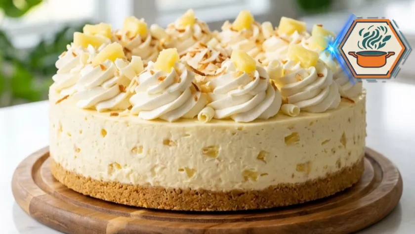 No Bake Tropical Pineapple Cheesecake on a white marble countertop with whipped cream and pineapple.