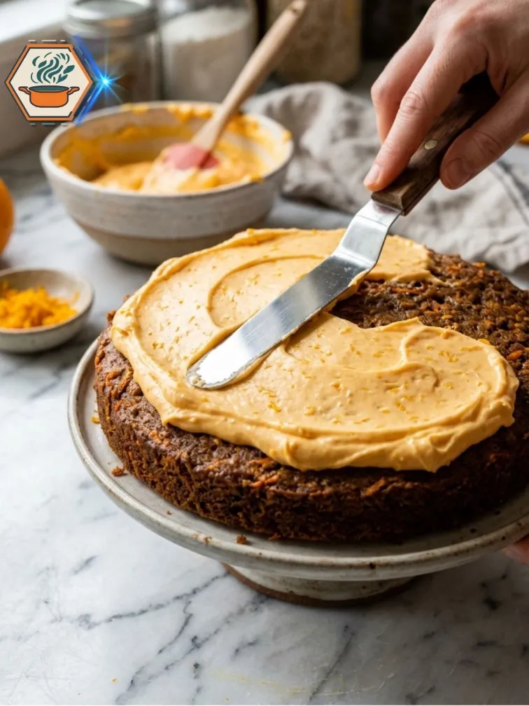 Carrot and Orange Cake 10 Orange cream cheese frosting spread over a carrot cake layer.