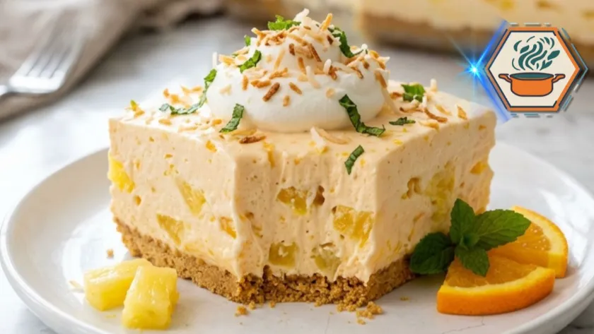 Orange Pineapple Cream Dream sliced into creamy dessert bars with fresh oranges and pineapple on a white marble kitchen island.