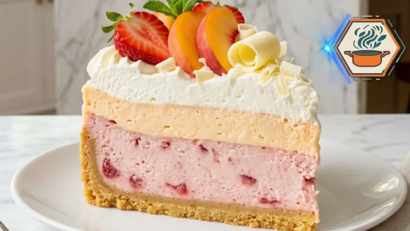 Peach Strawberry Cheesecake Bliss served on a white plate with fresh peaches and strawberries