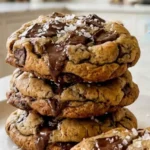 Perfect Chunky Chocolate Chip Cookies stacked on a white plate with melted chocolate chunks.