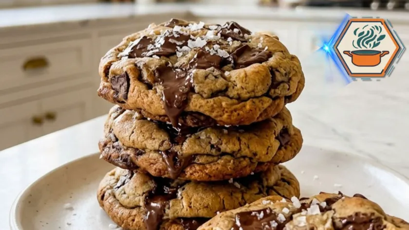Perfect Chunky Chocolate Chip Cookies stacked on a white plate with melted chocolate chunks.