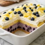Pineapple Blueberry Cream Dream no-bake layered dessert with blueberries and pineapple.