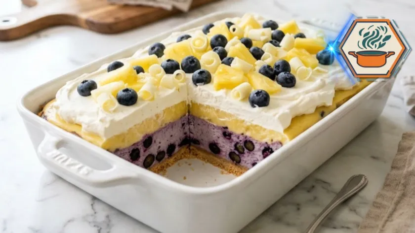 Pineapple Blueberry Cream Dream no-bake layered dessert with blueberries and pineapple.