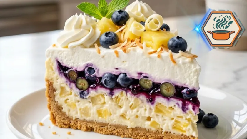 Pineapple Blueberry Cream Paradise served on a white plate with fresh blueberries and whipped cream.