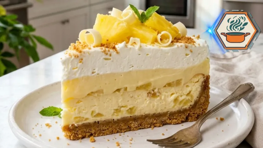 Bakery-style Pineapple Cheesecake Lush with creamy layers on a white plate.