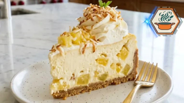 Slice of No Bake Tropical Pineapple Cheesecake.