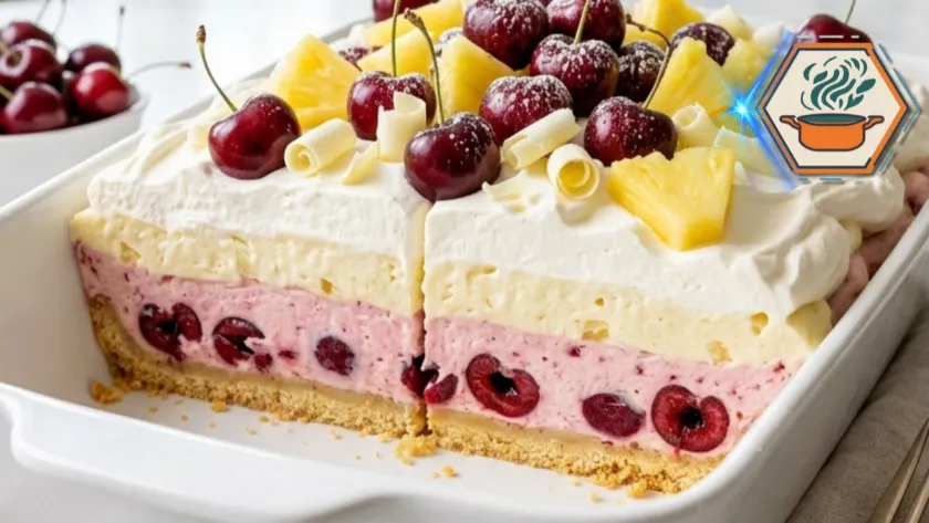 Pineapple Cherry Jubilee Delight in a white baking dish with cherry cheesecake, pineapple cream and whipped topping