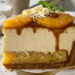 Pineapple Right Side Up Cheesecake with caramelized pineapple on white marble