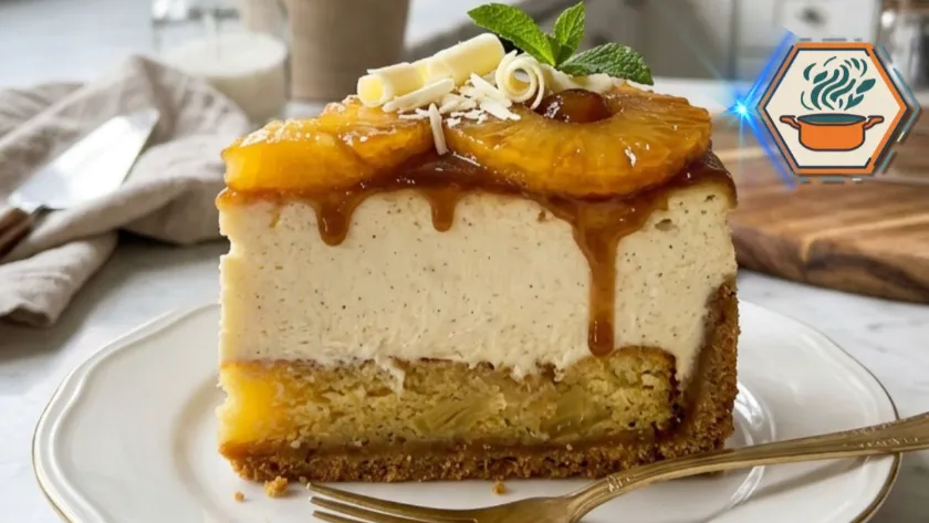 Pineapple Right Side Up Cheesecake with caramelized pineapple on white marble