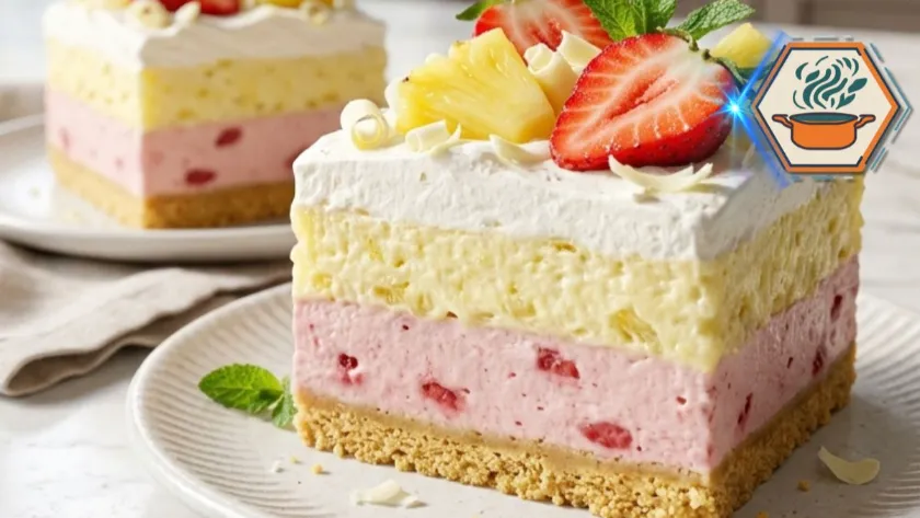 Pineapple Strawberry Heaven Delight served as a layered no-bake dessert with strawberries, pineapple, whipped cream, and a vanilla cookie crust.