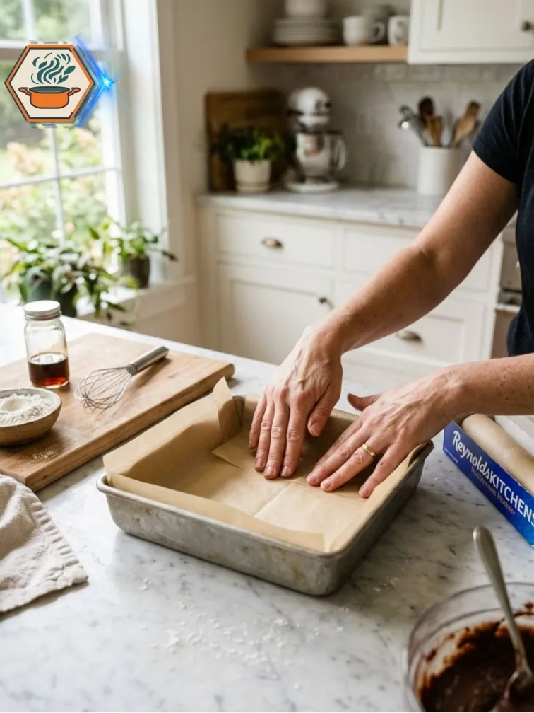 Lining baking pan with parchment paper.